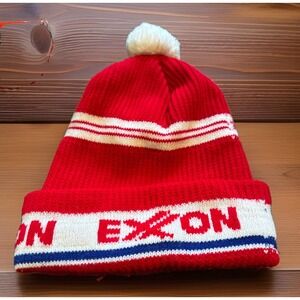 Vintage Exxon Pom Beanie Ski French Red White Blue Winter Hat